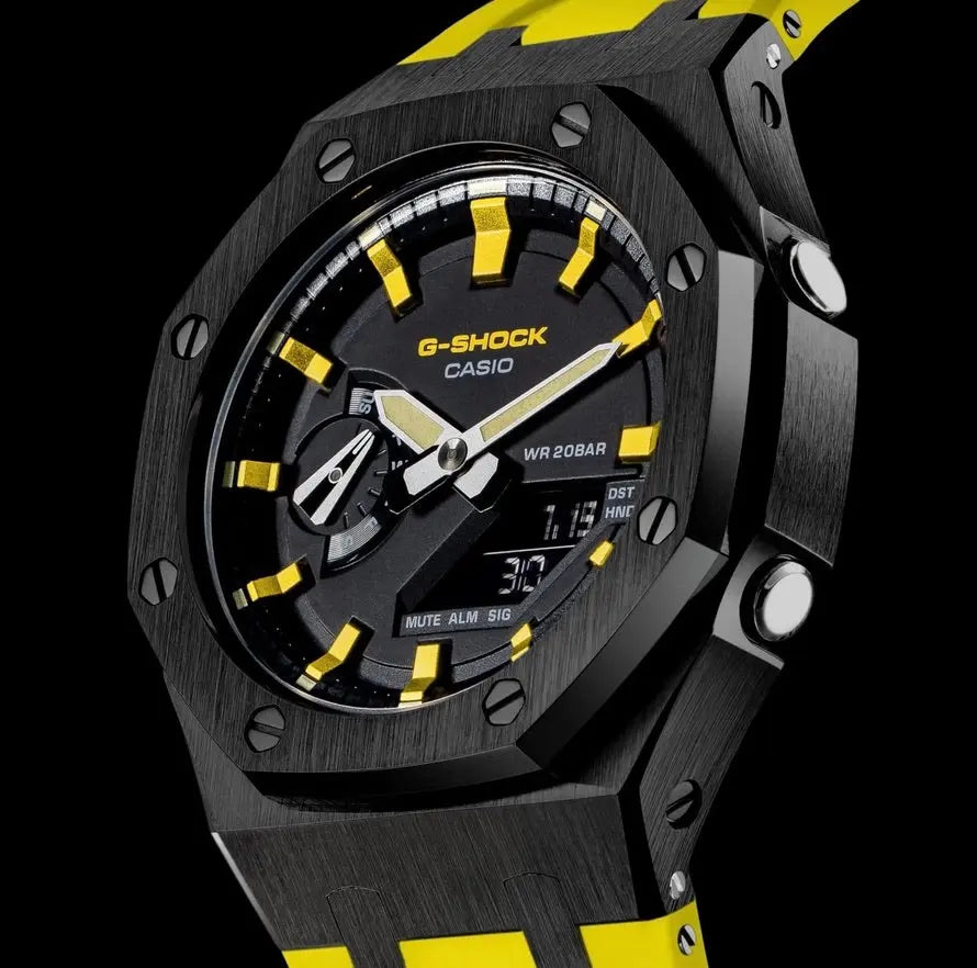 CasiOak Noir Bracelet Strap Jaune Cadran Noir Baguettes Jaunes