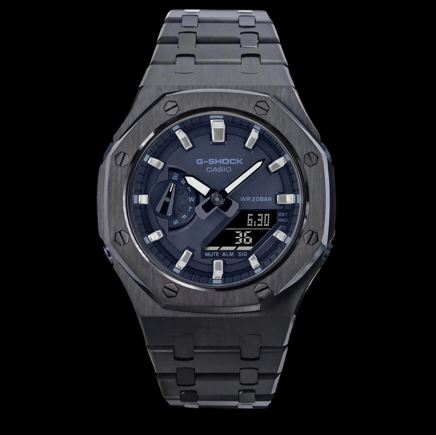 CasiOak Mini Noir Bracelet Noir Cadran Bleu Marine Baguettes Métalliques Infinity Oak