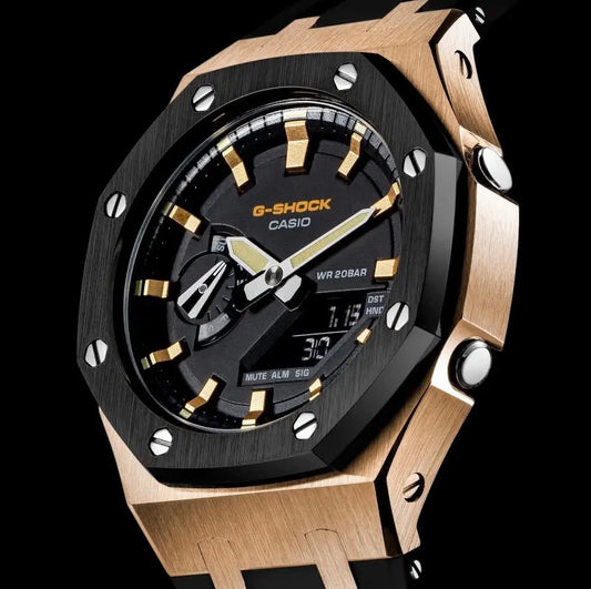 CasiOak Or Rose Bracelet Strap Noir Couronne Noir Cadran Noir avec Baguettes Or Rose