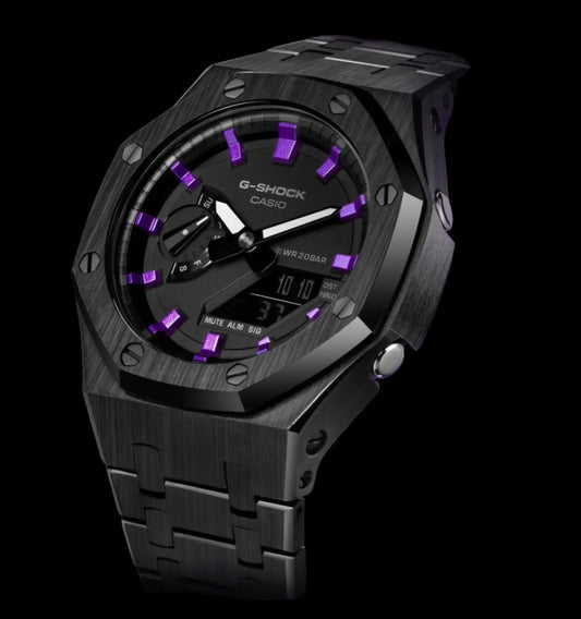 CasiOak Noir Bracelet Noir Cadran Noir Baguettes Violettes