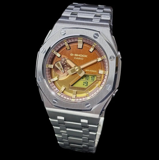 CasiOak Argent Bracelet Argent Cadran Jaune Marron