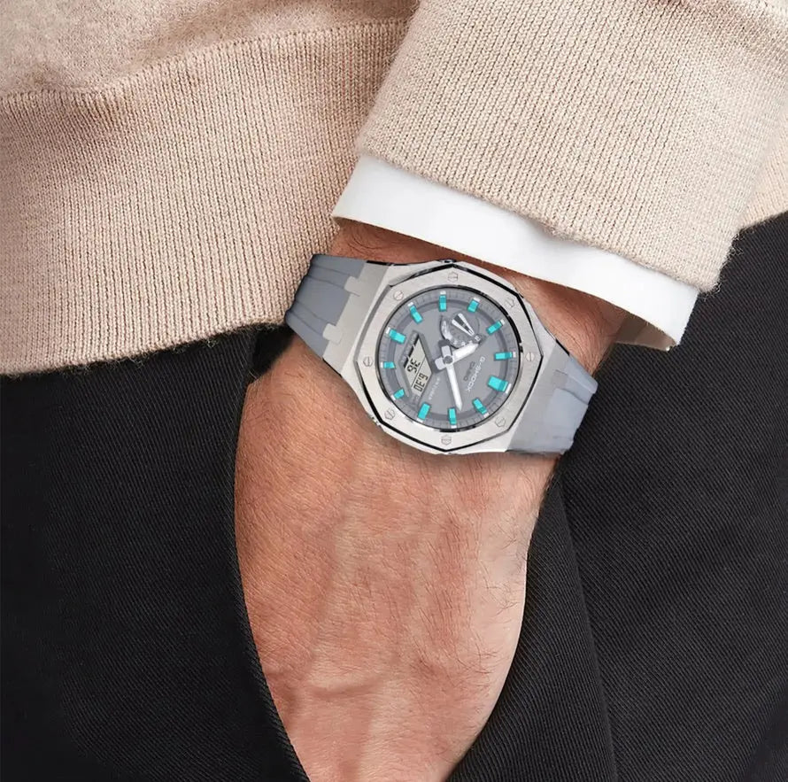 CasiOak Argent Bracelet Strap Gris Cadran Gris Baguettes Turquoises