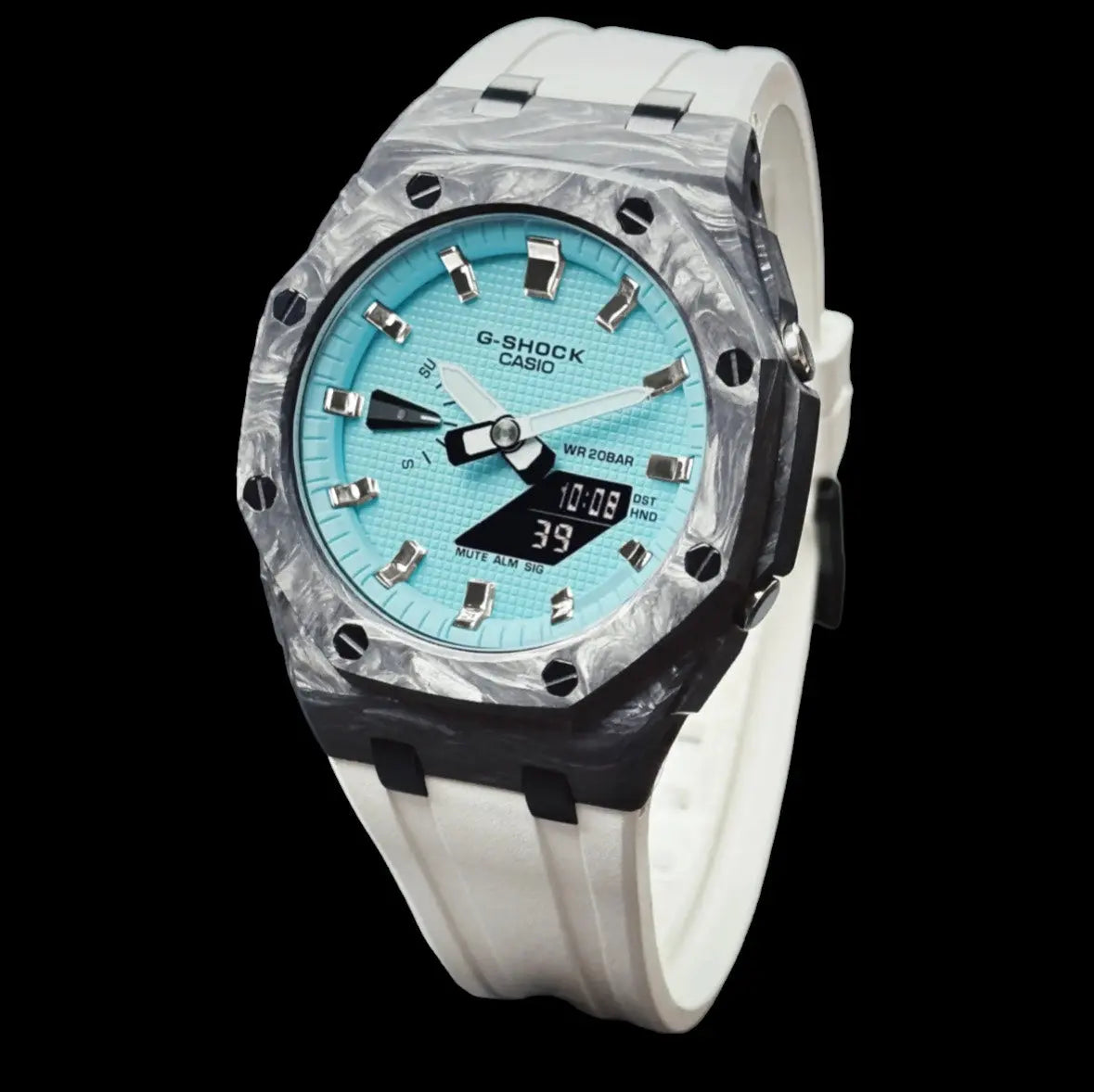 CasiOak Carbon Fiber Bracelet Strap Blanc Cadran Turquoise Baguettes Métallique