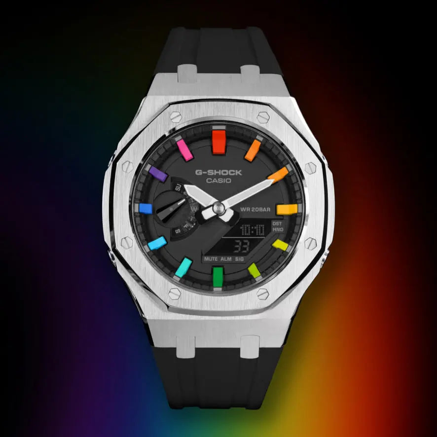 CasiOak Argent Bracelet Strap Noir Cadran Noir Baguettes Rainbow