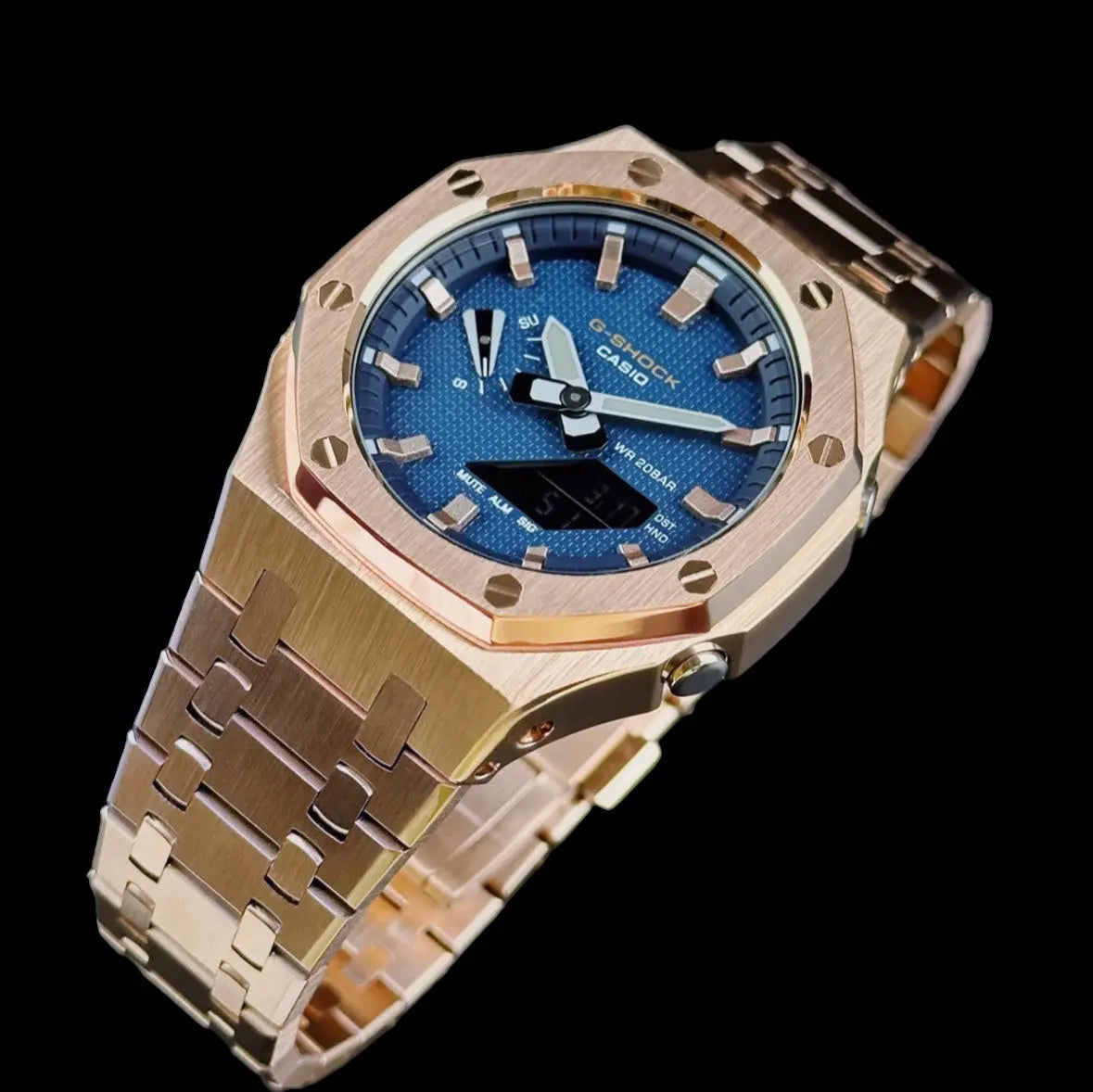 CasiOak Or Rose Bracelet Or Rose Cadran Bleu Baguettes Or Rose