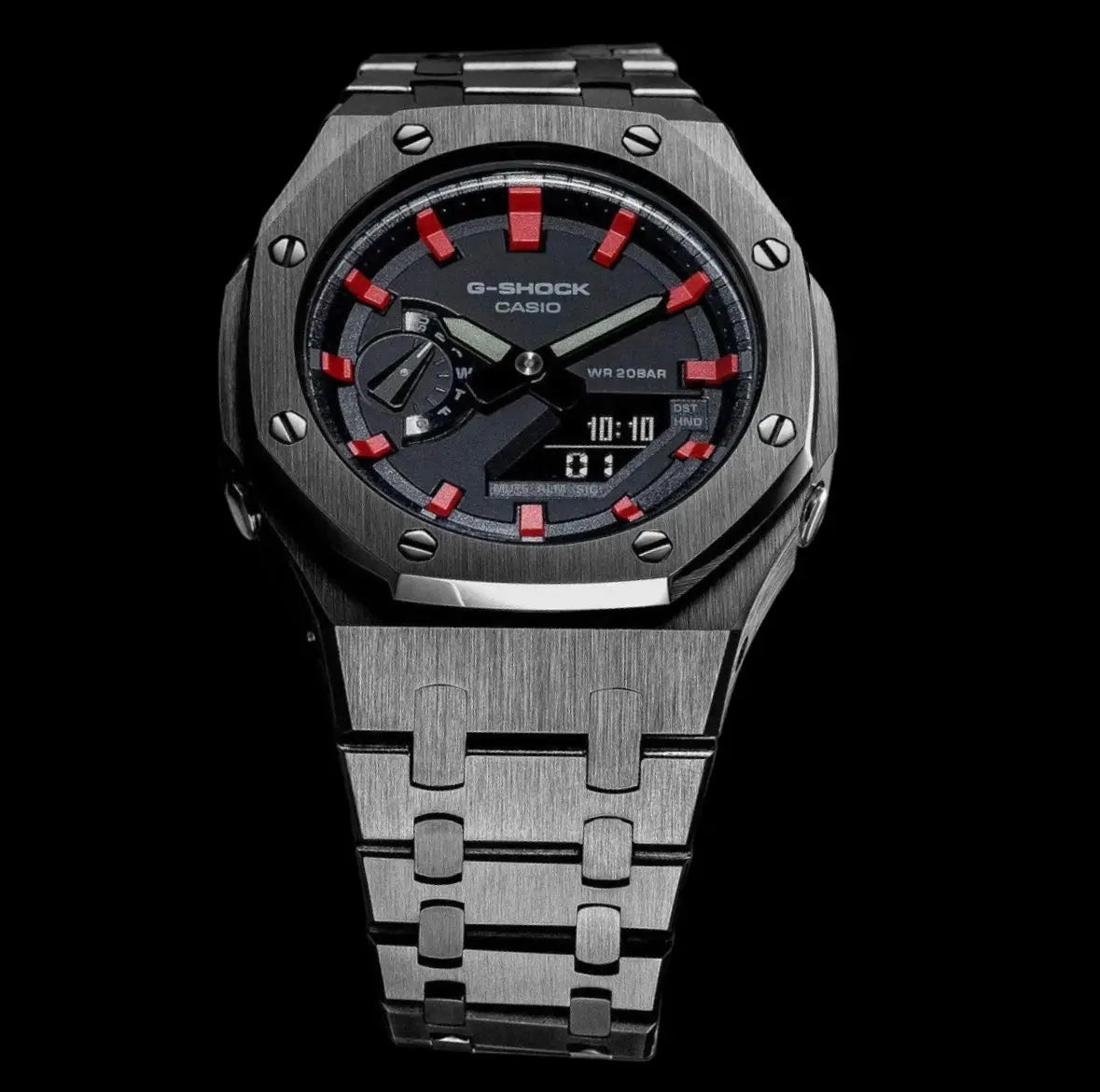 CasiOak Noir Bracelet Noir Cadran Noir Baguettes Rouge