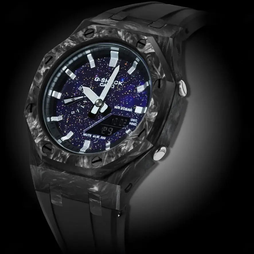 CasiOak Carbon Fiber Bracelet Strap Noir Cadran Violet Nuit Baguettes Argent