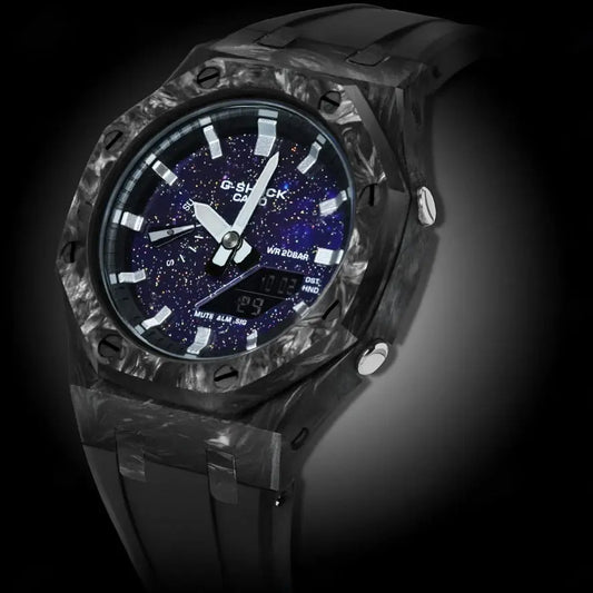 CasiOak Carbon Fiber Bracelet Strap Noir Cadran Violet Nuit Baguettes Argent