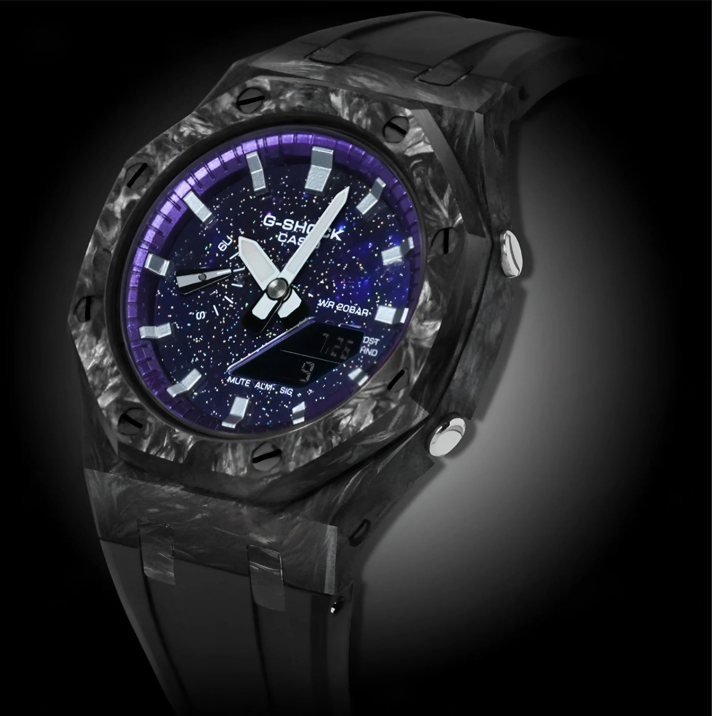 CasiOak Carbon Fiber Bracelet Strap Noir Cadran Violet Nuit Baguettes Argent