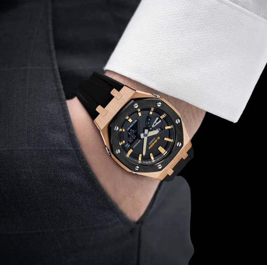 CasiOak Or Rose Bracelet Strap Noir Couronne Noir Cadran Noir avec Baguettes Or Rose