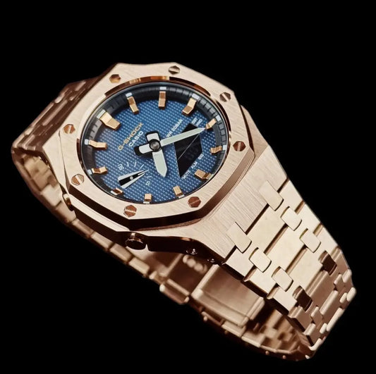 CasiOak Or Rose Bracelet Or Rose Cadran Bleu Baguettes Or Rose