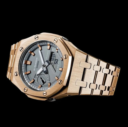 CasiOak Or Rose Bracelet Or Rose Cadran Gris Baguettes Or Rose