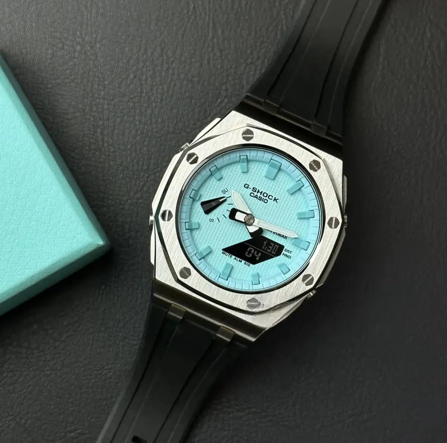 CasiOak Argent Bracelet Strap Noir Cadran Turquoise