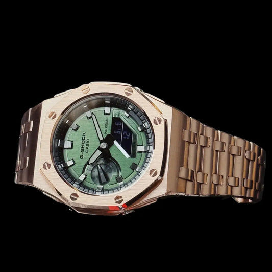 CasiOak Or Rose Bracelet Or Rose Cadran Vert Baguettes Argent