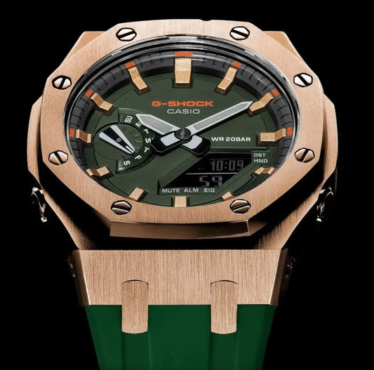 CasiOak Or Rose Bracelet Strap Vert Sapin Cadran Vert Forêt Baguettes Or Rose