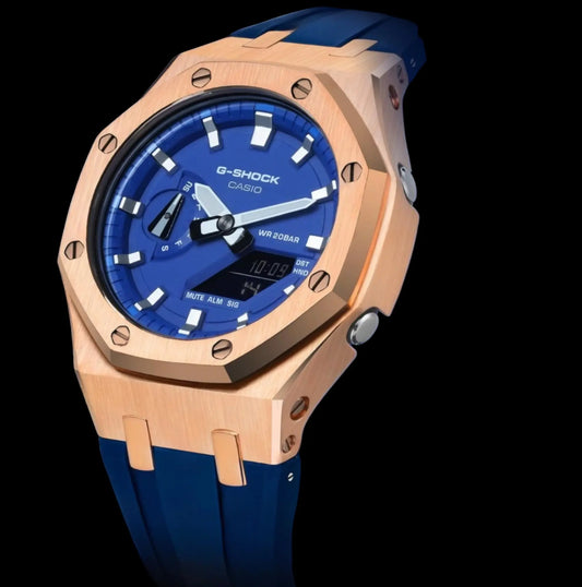 CasiOak Or Rose Bracelet Strap Navy Cadran Bleu Baguettes Agent