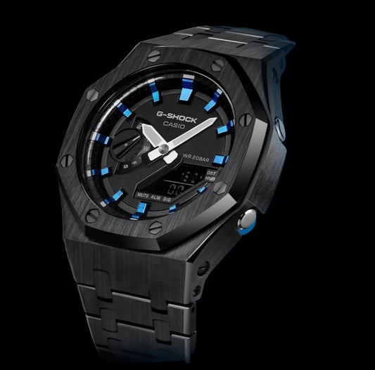 CasiOak Cadran Noir Bracelet Noir Baguettes Bleu