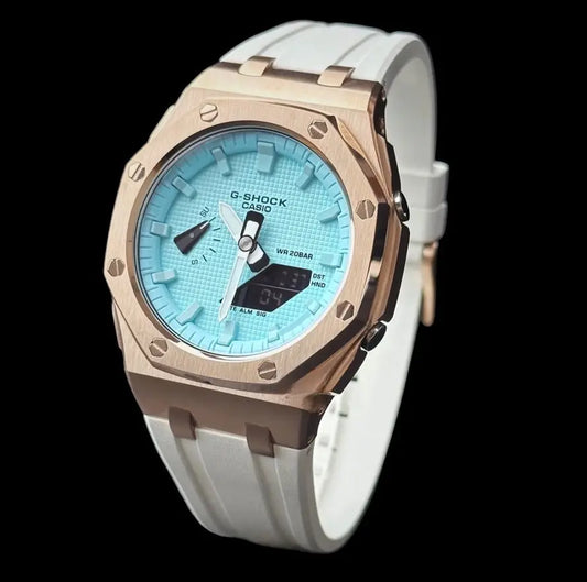 CasiOak Or Rose Bracelet Strap Blanc Cadran Turquoise