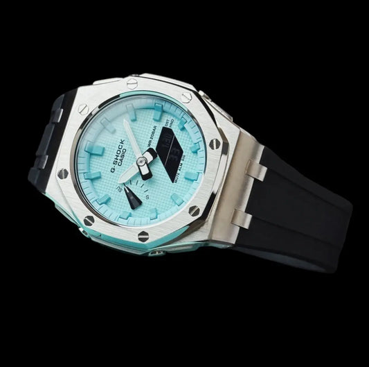 CasiOak Argent Bracelet Strap Noir Cadran Turquoise