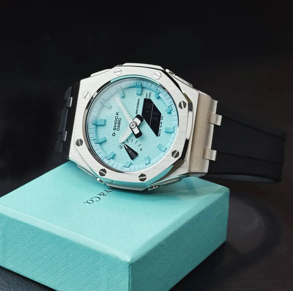 CasiOak Argent Bracelet Strap Noir Cadran Turquoise