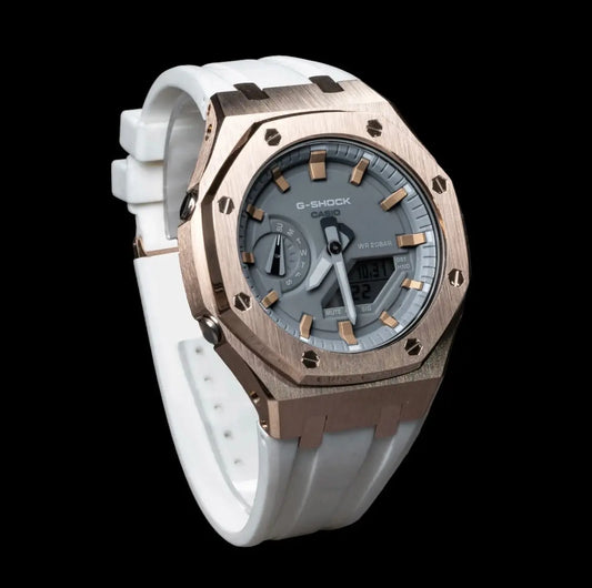 CasiOak Or Rose Bracelet Strap Blanc Cadran Gris Baguettes Or Rose