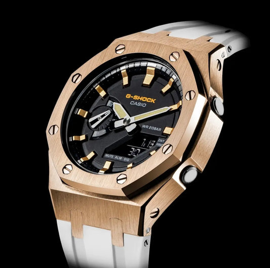 CasiOak Or Rose Bracelet Strap Blanc Cadran Noir Baguettes Or Rose