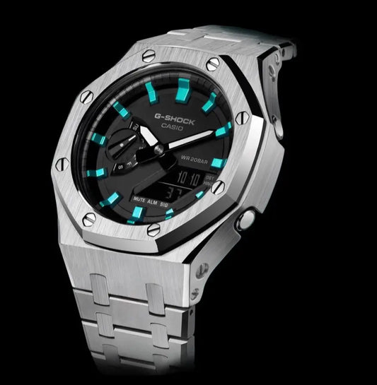 CasiOak Argent Bracelet Argent Cadran Noir Baguettes Turquoise