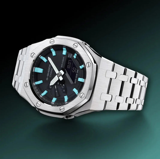 CasiOak Argent Bracelet Argent Cadran Noir Baguettes Turquoises