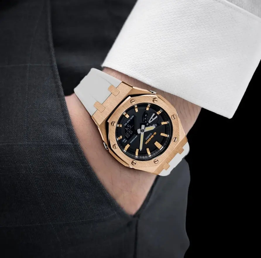 CasiOak Or Rose Bracelet Strap Blanc Cadran Noir Baguettes Or Rose