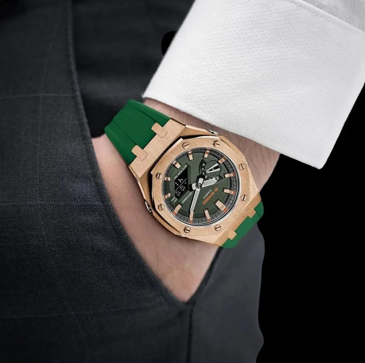 CasiOak Or Rose Bracelet Strap Vert Sapin Cadran Vert Forêt Baguettes Or Rose