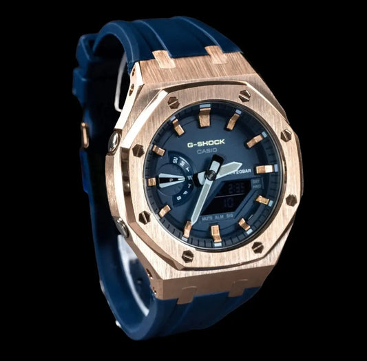 CasiOak Or Rose Bracelet Strap Navy Cadran Navy Baguettes Or Rose