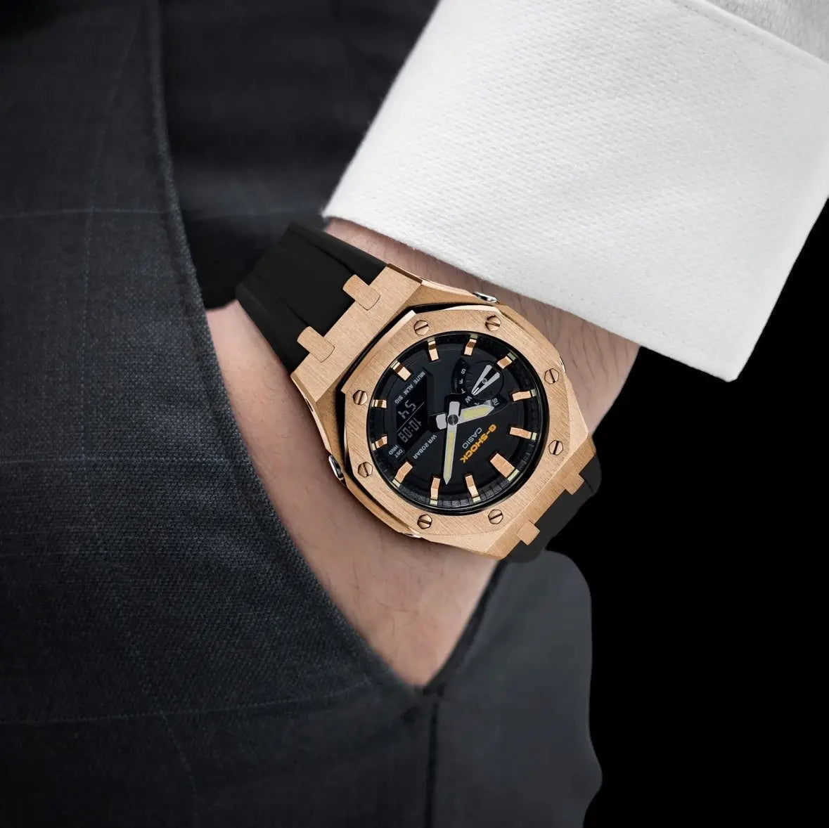 CasiOak Or Rose Bracelet Strap Noir Cadran Noir Baguettes Or Rose