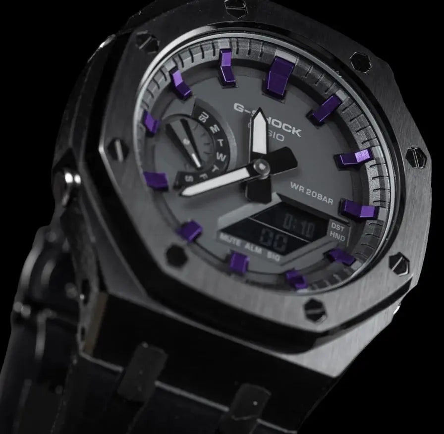CasiOak Noir Bracelet Strap Noir Cadran Noir Baguettes Violettes