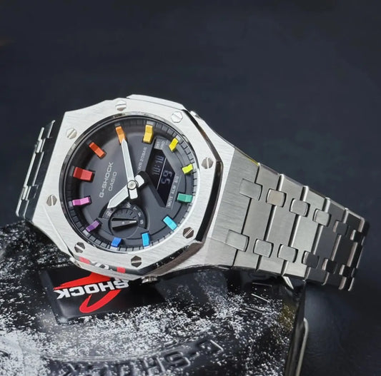 CasiOak Argent Bracelet Argent Cadran Noir Baguettes Rainbow