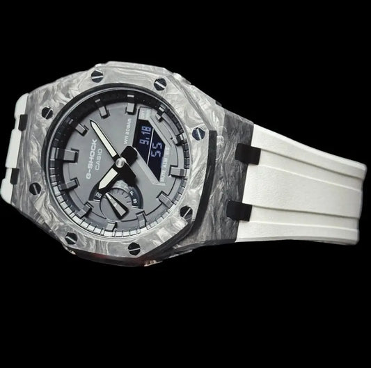 CasiOak Carbon Fiber Bracelet Strap Blanc Cadran Gris Baguettes Grises
