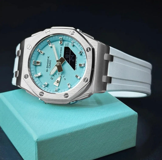 CasiOak Argent Bracelet Strap Blanc Cadran Turquoise Baguettes Métallique