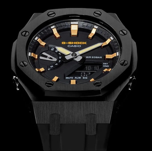 CasiOak Noir Bracelet Strap Noir Cadran Noir Baguettes Or