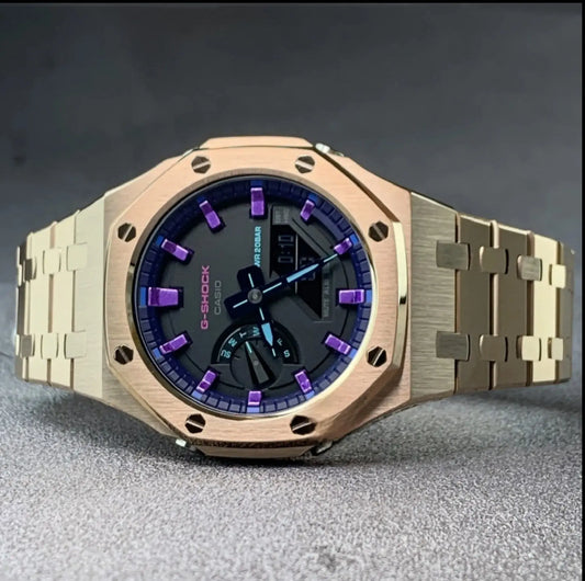 CasiOak Or Rose Bracelet Or Rose Cadran Noir Baguettes Violettes