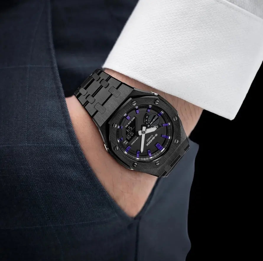 CasiOak Noir Bracelet Noir Cadran Noir Baguettes Violettes
