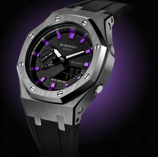 CasiOak Argent Bracelet Strap Noir Cadran Noir Baguettes Violettes