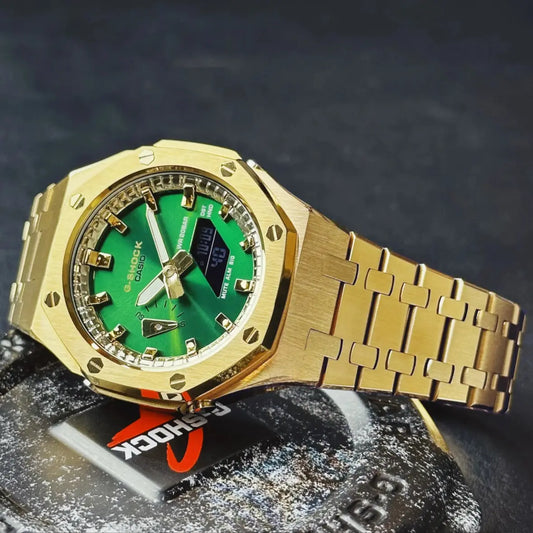 CasiOak Or Bracelet Or Cadran Vert Baguettes Or Métallique