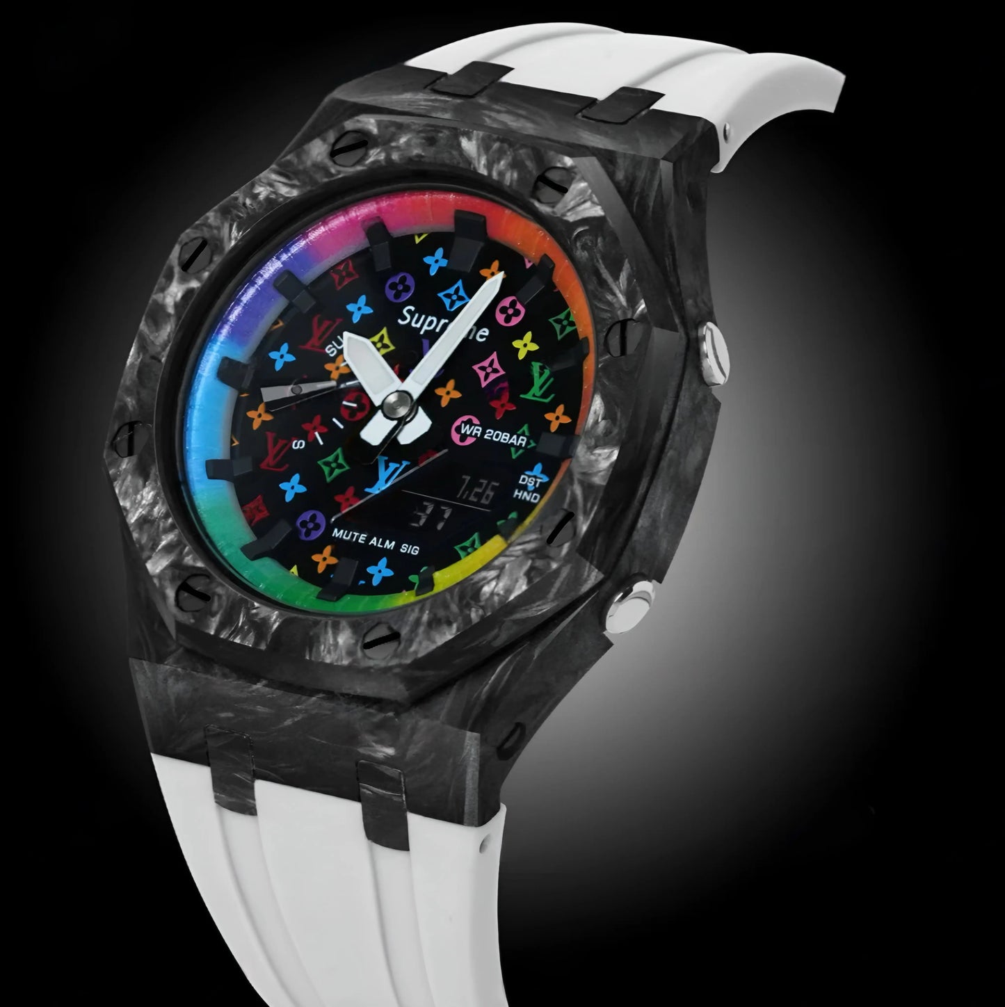 CasiOak Carbon Fiber Bracelet Strap Blanc Cadran Rainbow Noir LV x Supreme Baguettes Rainbow Noir
