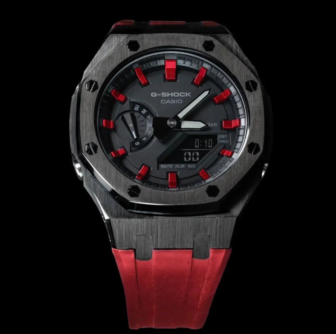 CasiOak Noir Bracelet Strap Rouge Cadran Noir Baguettes Rouge
