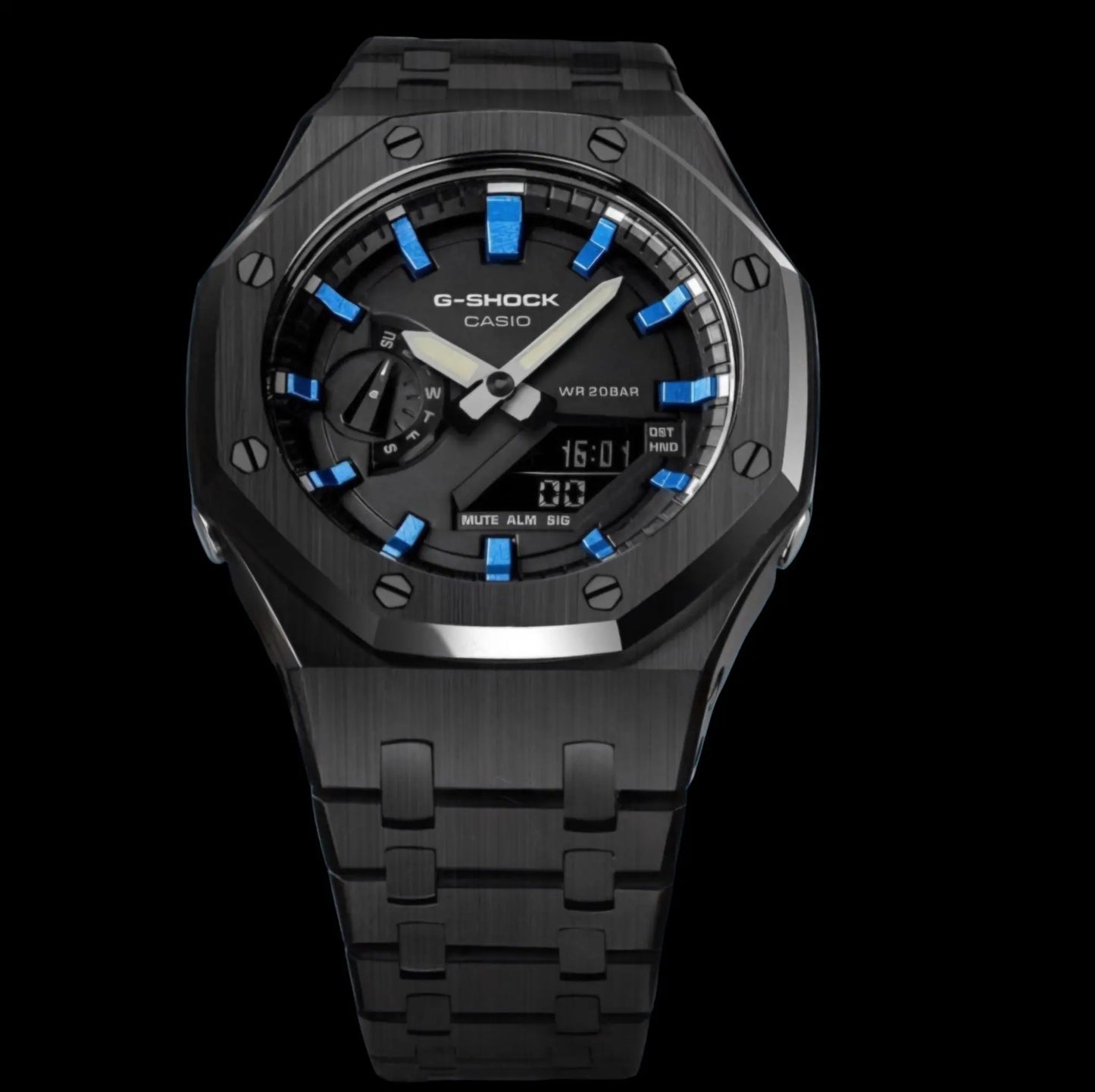 CasiOak Cadran Noir Bracelet Noir Baguettes Bleu