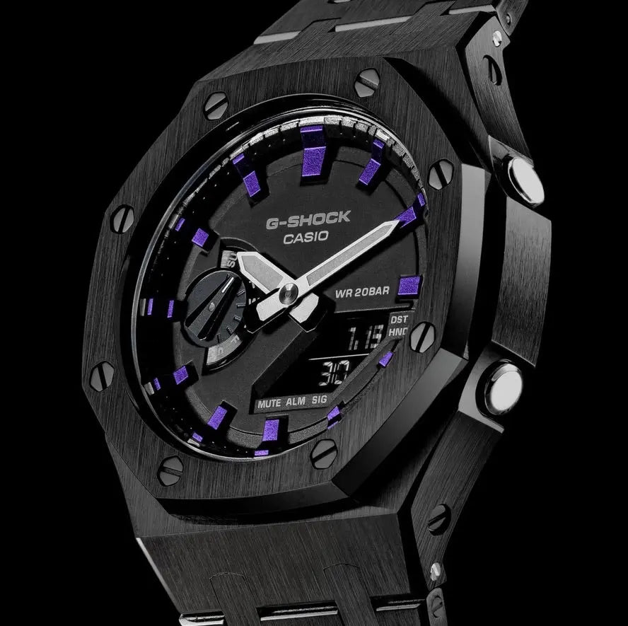 CasiOak Noir Bracelet Noir Cadran Noir Baguettes Violettes