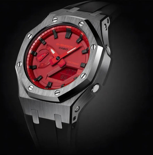 CasiOak Argent Bracelet Strap Noir Cadran Rouge Baguettes Noir