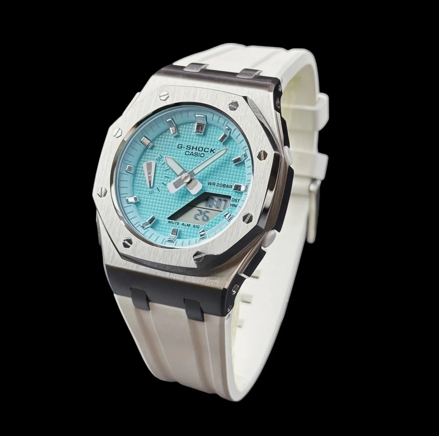 CasiOak Mini Bracelet Strap Blanc Cadran Turquoise Baguettes Métalliques Infinity Oak
