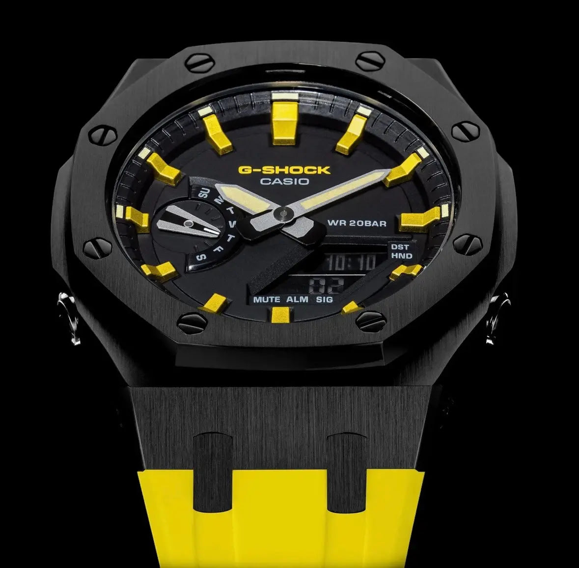 CasiOak Noir Bracelet Strap Jaune Cadran Noir Baguettes Jaunes