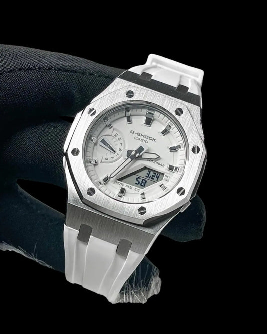 CasiOak Mini Argent Bracelet Strap Blanc Cadran Blanc Baguettes Métalliques Infinity Oak