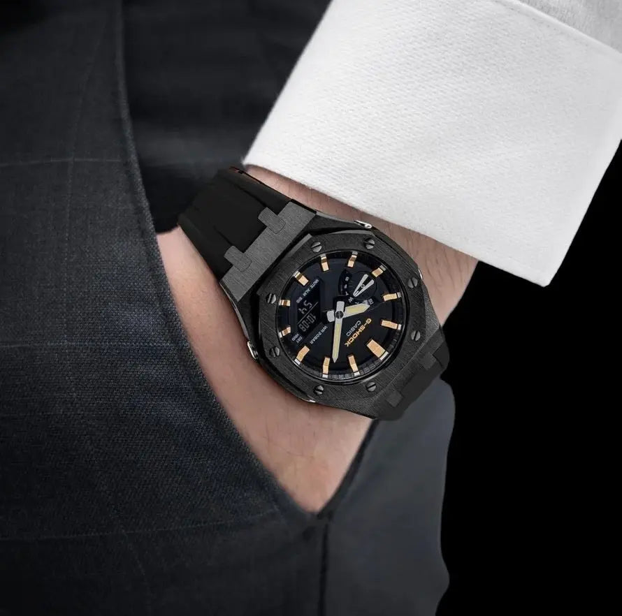 CasiOak Noir Bracelet Strap Noir Cadran Noir Baguettes Or